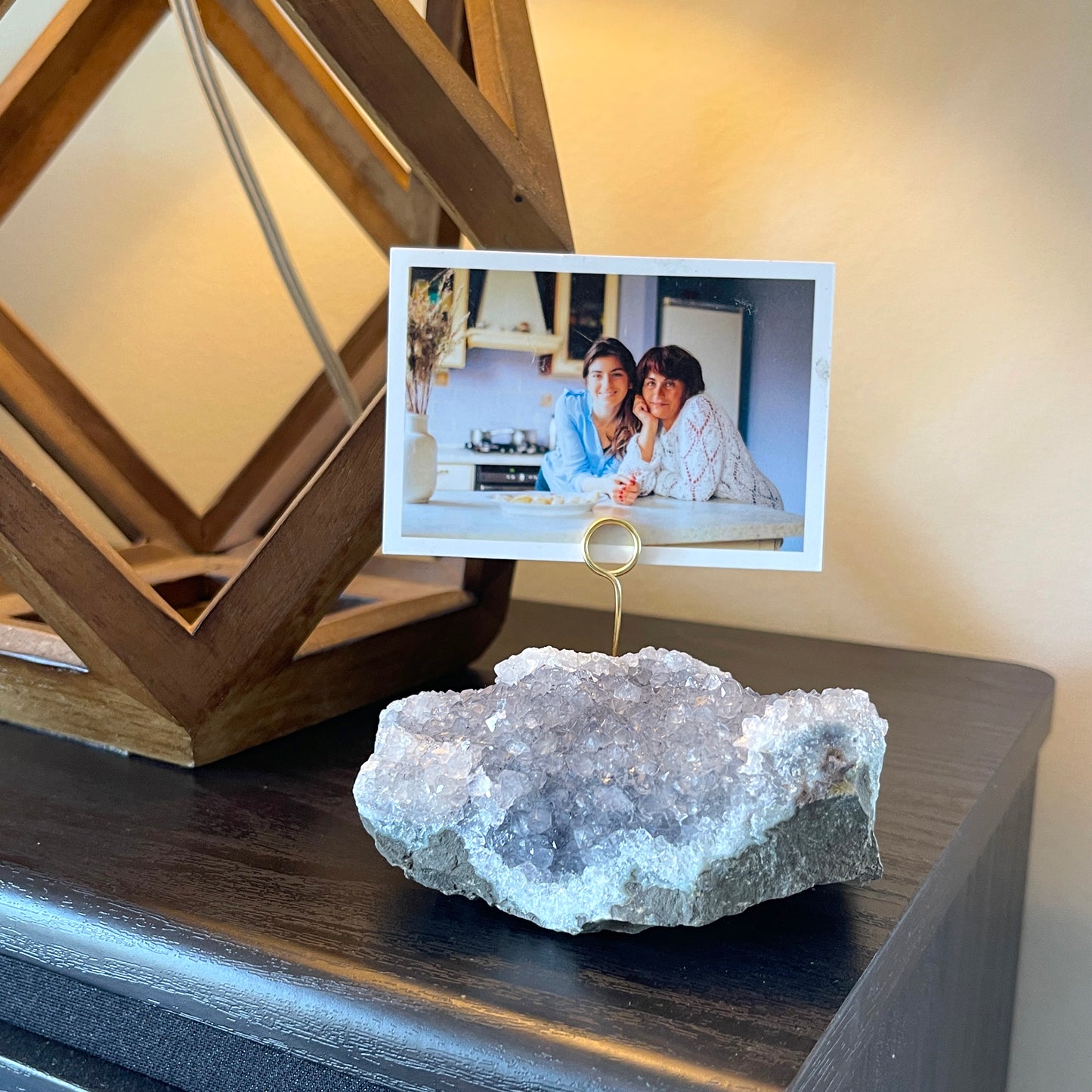 Light Gray Amethyst Crystal Photo Stand - Unique Picture Holder for Home or Office