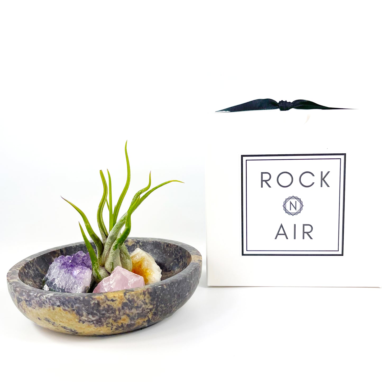 Housewarming Gifts - 4" Scallop Detail Marble Bowl Air Plant Display with Crystals, Includes Air Plant, Amethyst, Citrine, Rose Quartz