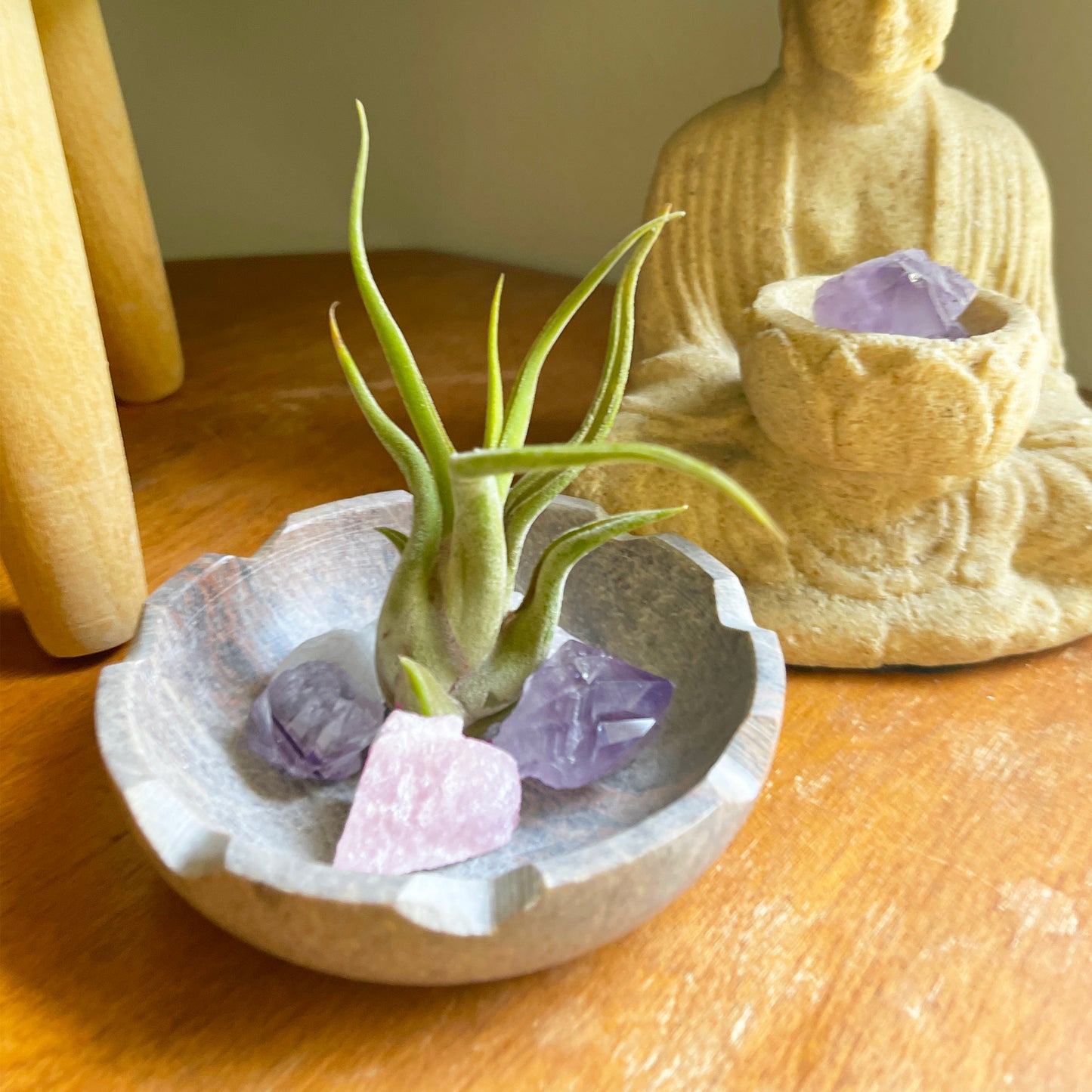 Natural Lotus Carved Stone Bowl for Crystals and Tillandsia - Includes Healthy Air Plant, Amethyst and Rose Quartz Gemstone