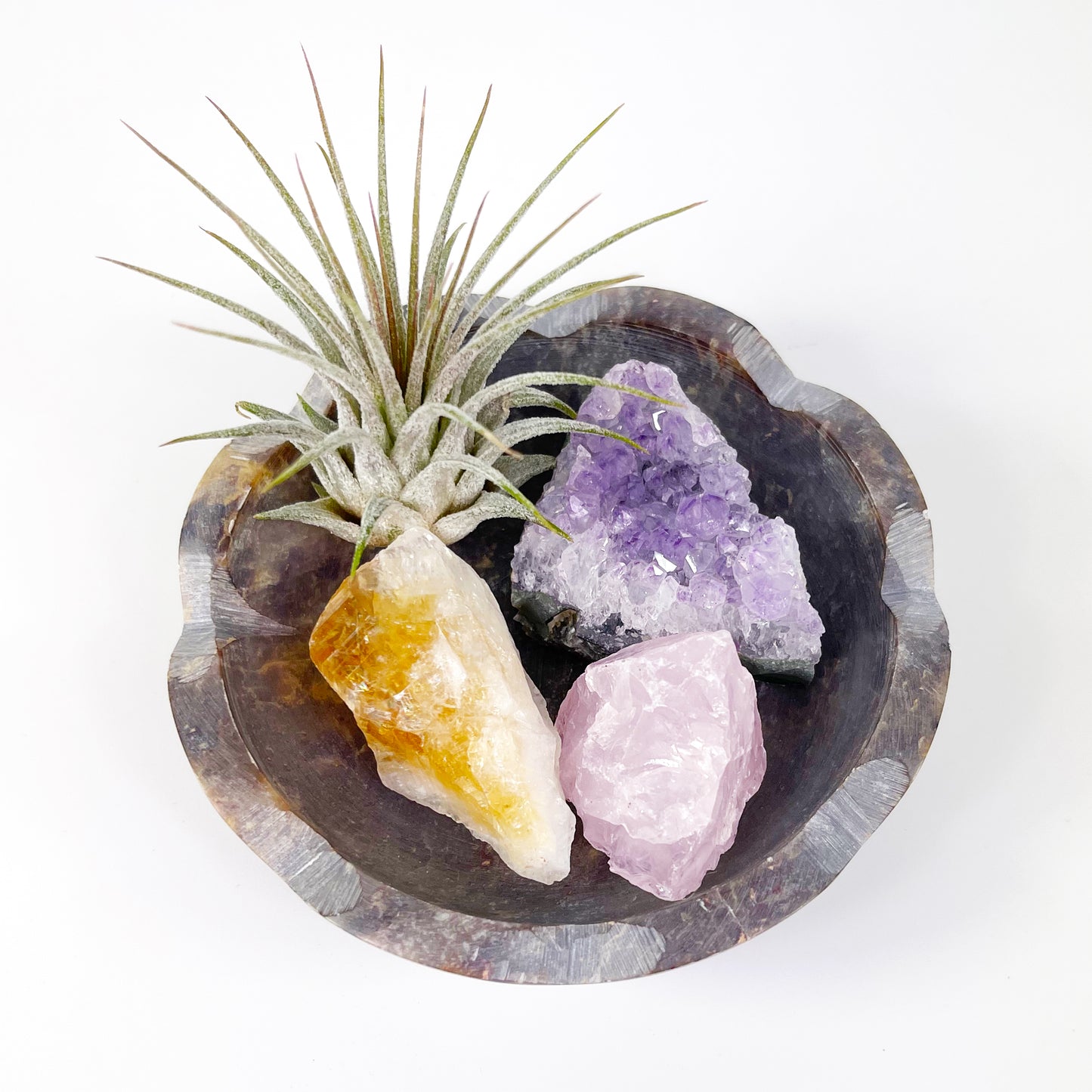 Scallop Detail Stone Bowl with Small Amethyst, Rose Quartz, Citrine and Air Plant