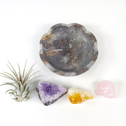 Scallop Detail Stone Bowl with Small Amethyst, Rose Quartz, Citrine and Air Plant