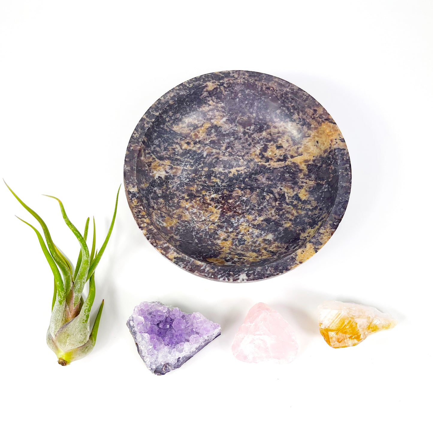 Housewarming Gifts - 4" Scallop Detail Marble Bowl Air Plant Display with Crystals, Includes Air Plant, Amethyst, Citrine, Rose Quartz