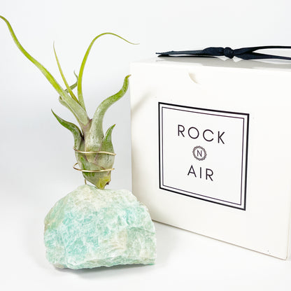 Decorative planter made from rock like Amazonite crystal sitting next to a 'Rock n Air' branded box on a white 
background