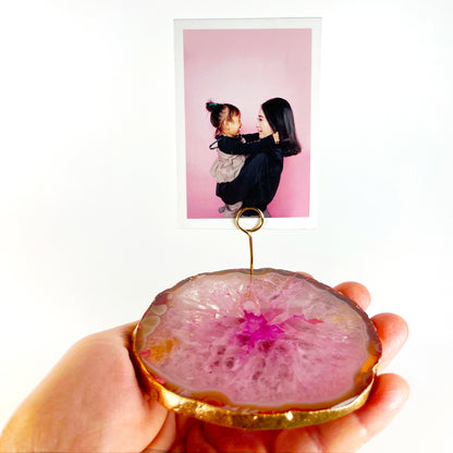 Pink Agate Slice Crystal Photo Stand/Picture Holder for Home or Office
