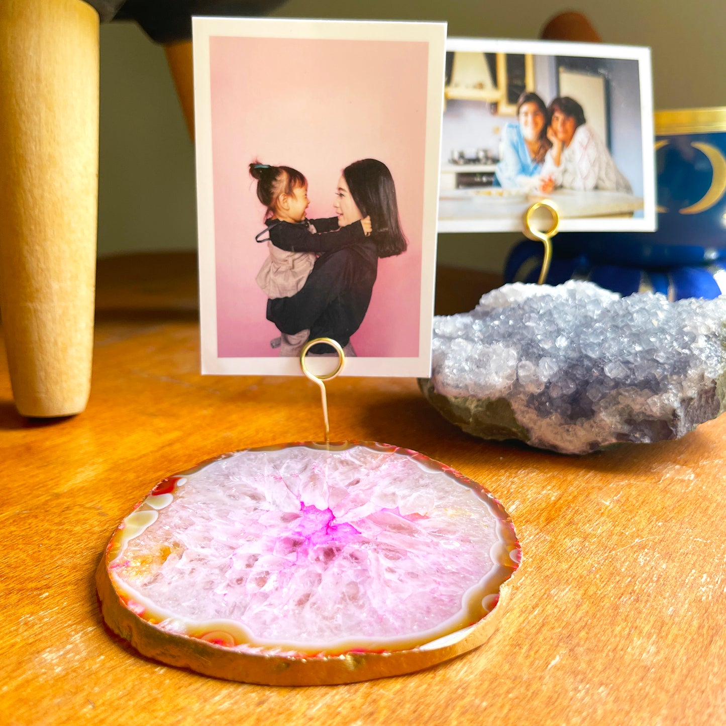 Pink Agate Slice Crystal Photo Stand/Picture Holder for Home or Office