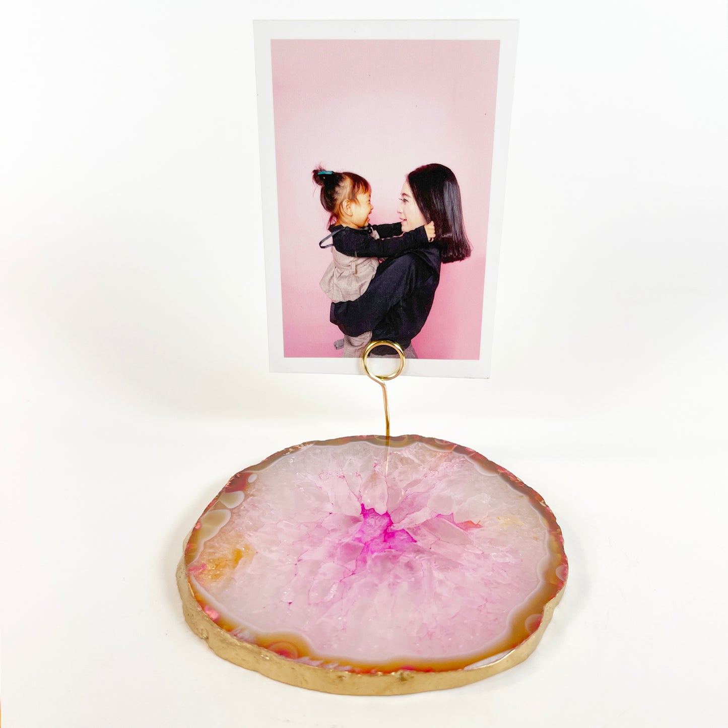 Pink Agate Slice Crystal Photo Stand/Picture Holder for Home or Office