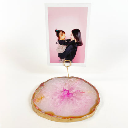Pink Agate Slice Crystal Photo Stand/Picture Holder for Home or Office