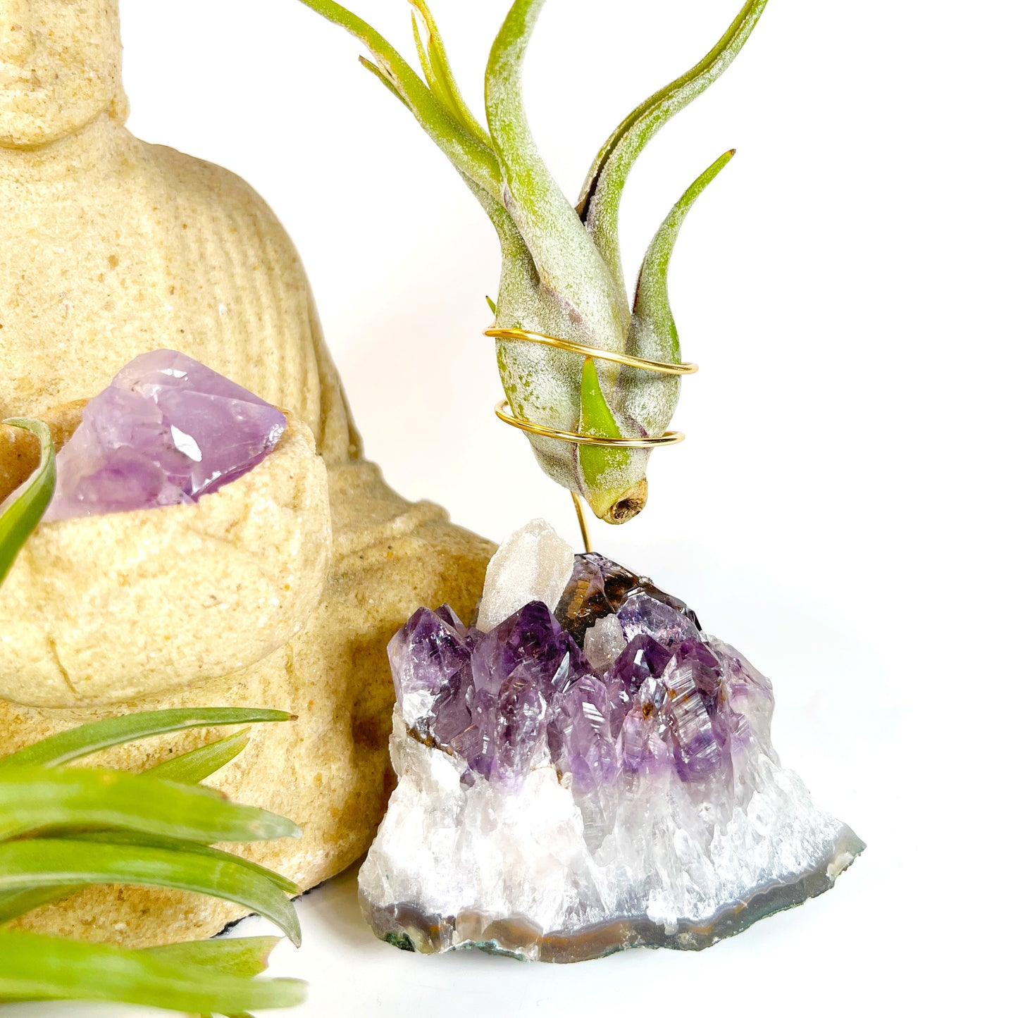 “Amethyst crystal air plant holder with gold wire and live tillandsia, handmade boho decor gift for home or office.”