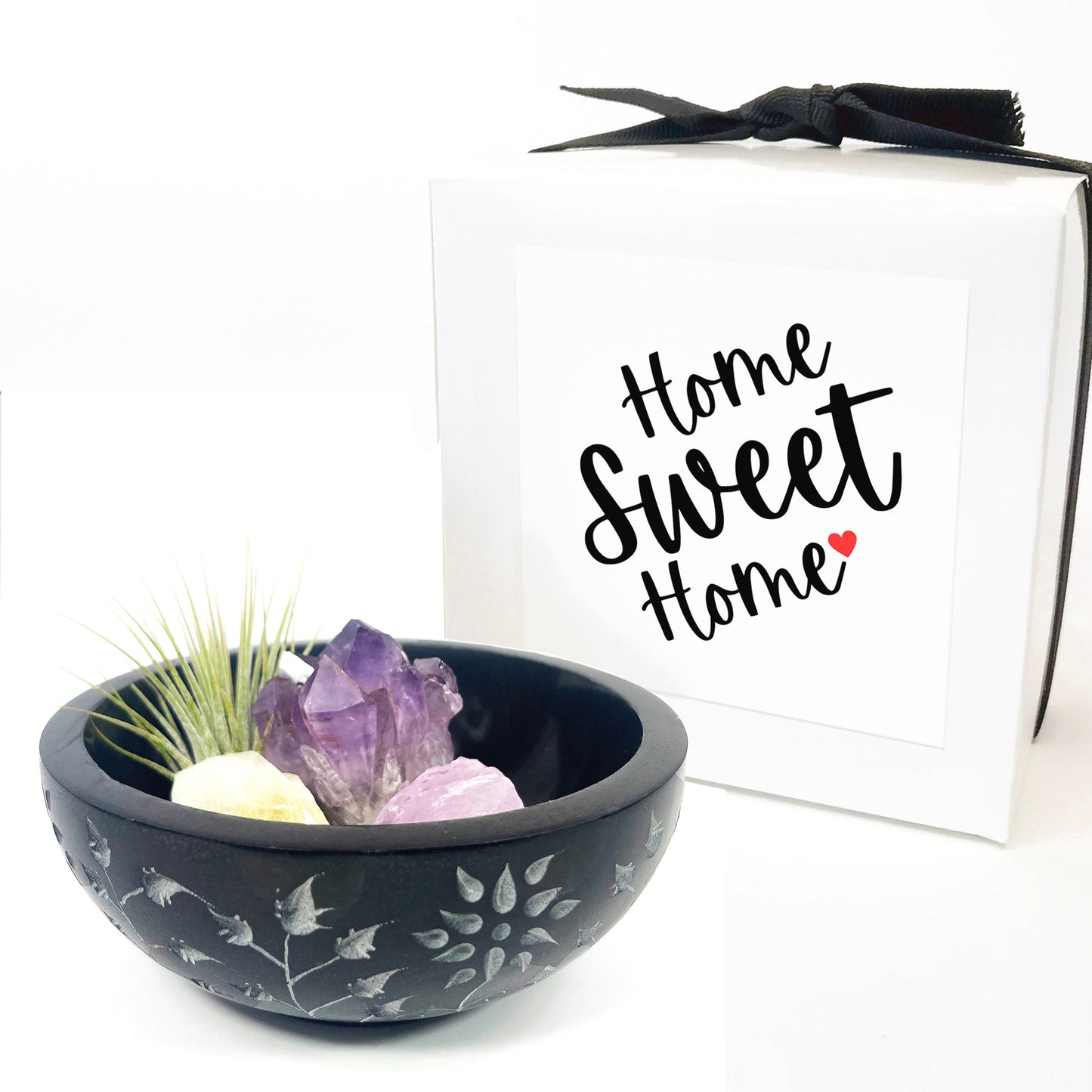 Sympathy Gift - 5" Black Floral Carved Marble Smudge Bowl (Includes Air Plant, Amethyst, Citrine, Rose Quartz)