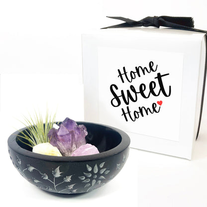 Sympathy Gift - 5" Black Floral Carved Marble Smudge Bowl (Includes Air Plant, Amethyst, Citrine, Rose Quartz)