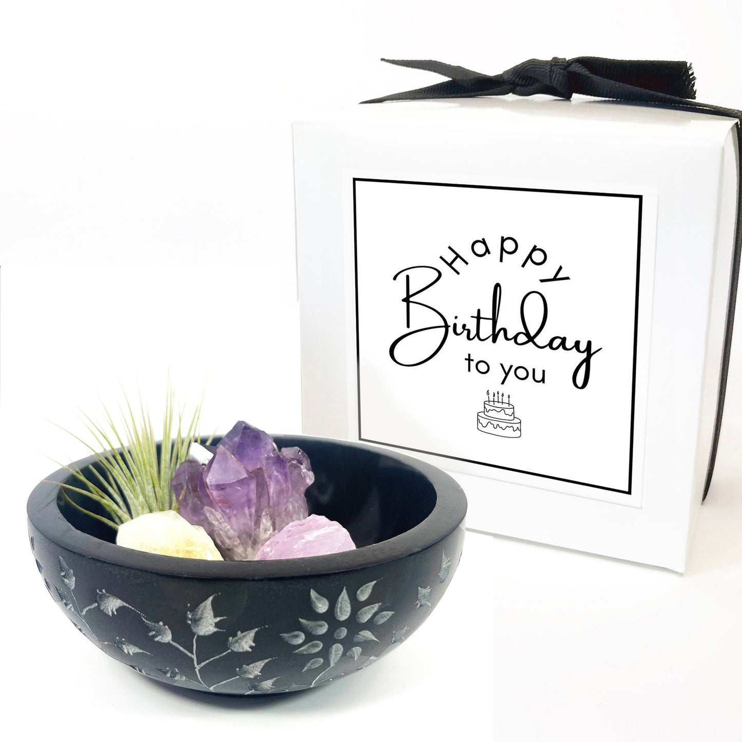 Sympathy Gift - 5" Black Floral Carved Marble Smudge Bowl (Includes Air Plant, Amethyst, Citrine, Rose Quartz)