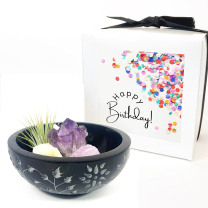 Sympathy Gift - 5" Black Floral Carved Marble Smudge Bowl (Includes Air Plant, Amethyst, Citrine, Rose Quartz)