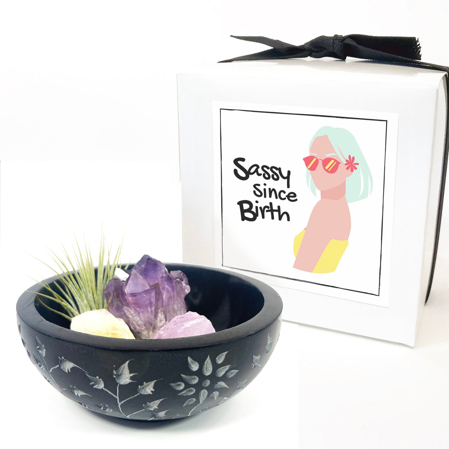 Sympathy Gift - 5" Black Floral Carved Marble Smudge Bowl (Includes Air Plant, Amethyst, Citrine, Rose Quartz)