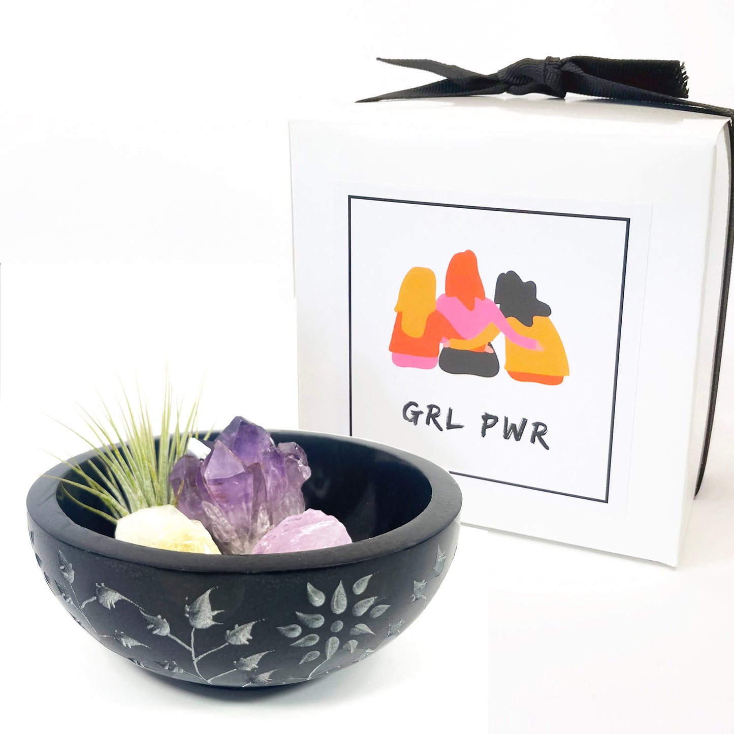 5" Black Floral Carved Marble Smudge Bowl (Includes Air Plant, Amethyst, Citrine, Rose Quartz)