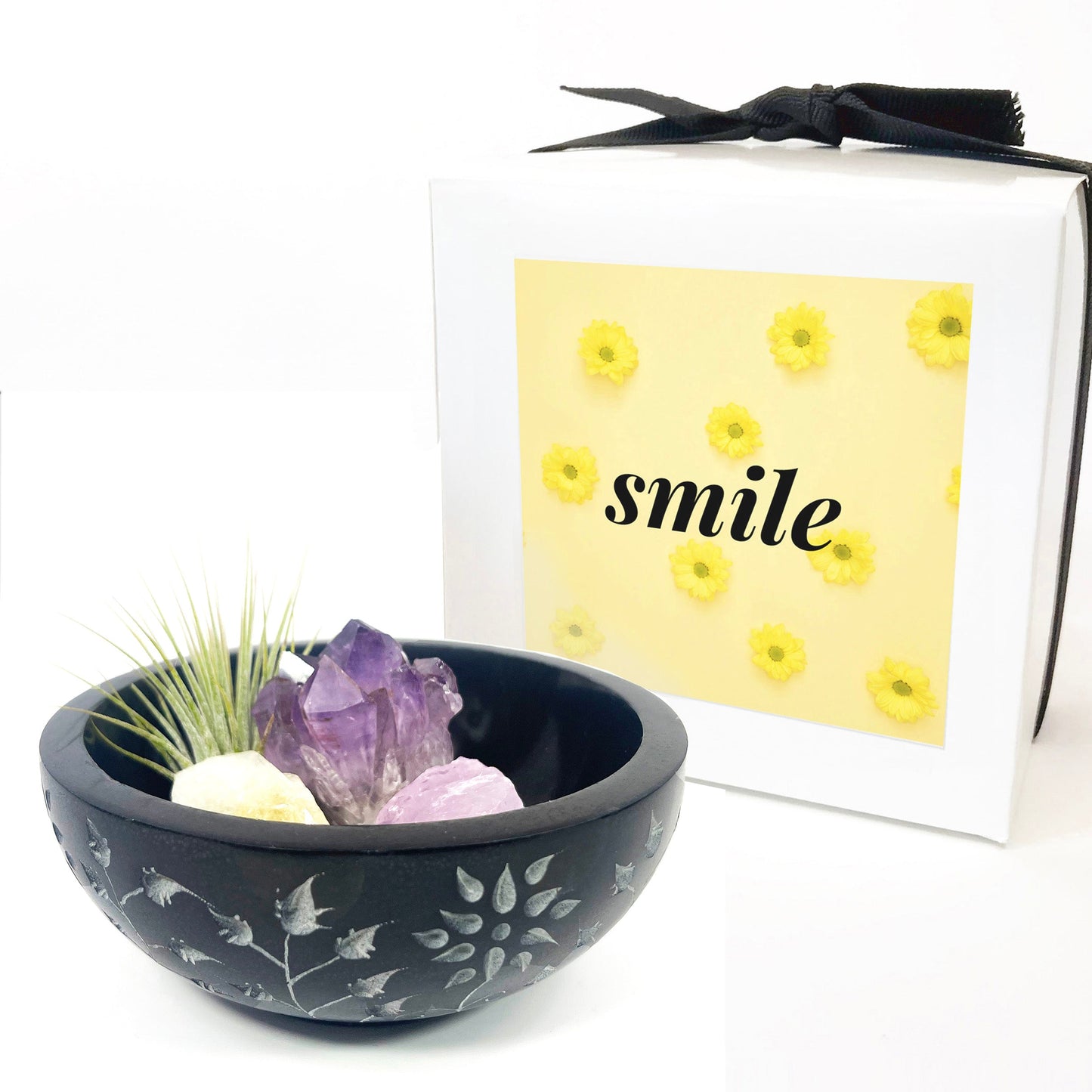 Sympathy Gift - 5" Black Floral Carved Marble Smudge Bowl (Includes Air Plant, Amethyst, Citrine, Rose Quartz)