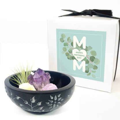 Sympathy Gift - 5" Black Floral Carved Marble Smudge Bowl (Includes Air Plant, Amethyst, Citrine, Rose Quartz)