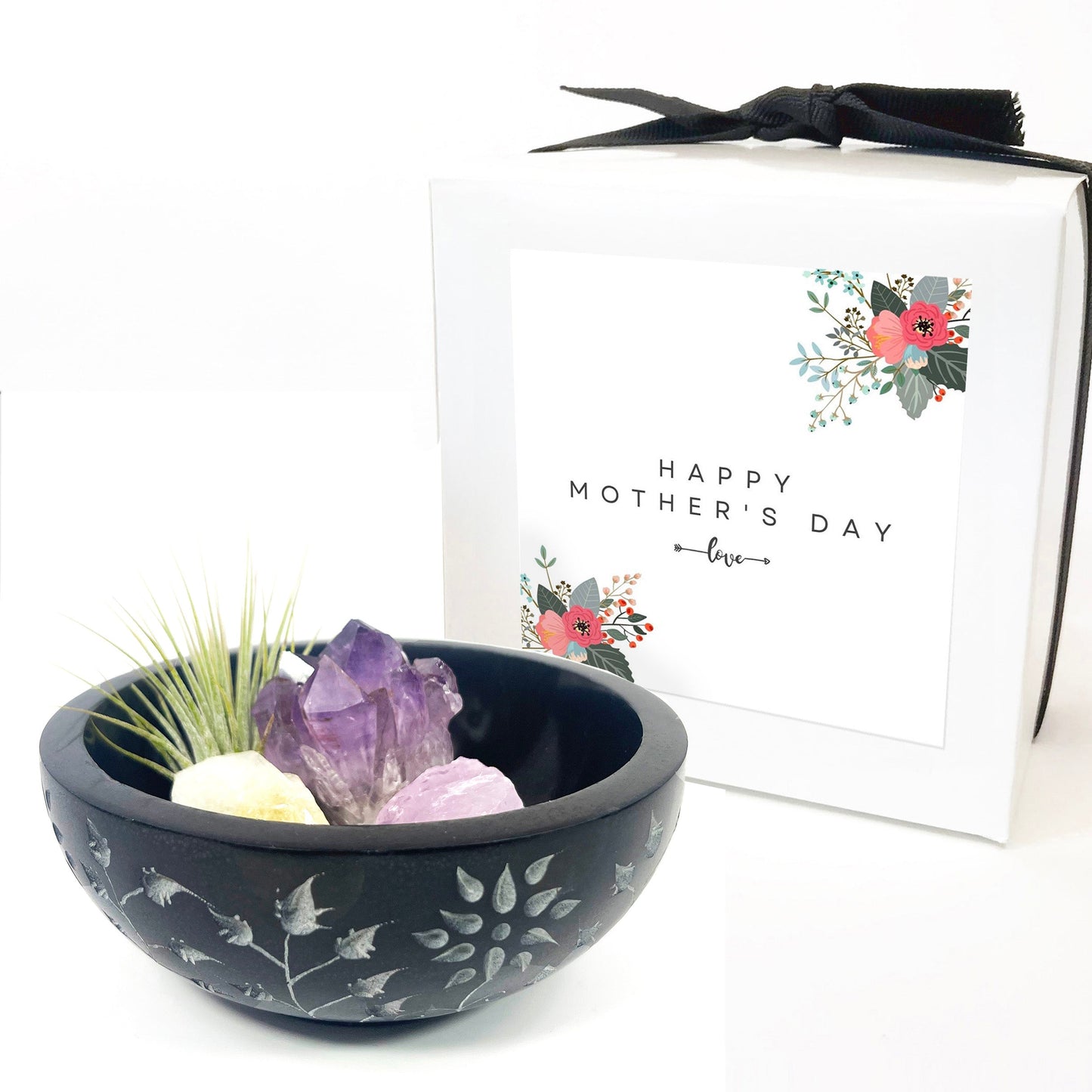 Sympathy Gift - 5" Black Floral Carved Marble Smudge Bowl (Includes Air Plant, Amethyst, Citrine, Rose Quartz)