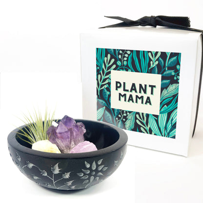 Sympathy Gift - 5" Black Floral Carved Marble Smudge Bowl (Includes Air Plant, Amethyst, Citrine, Rose Quartz)