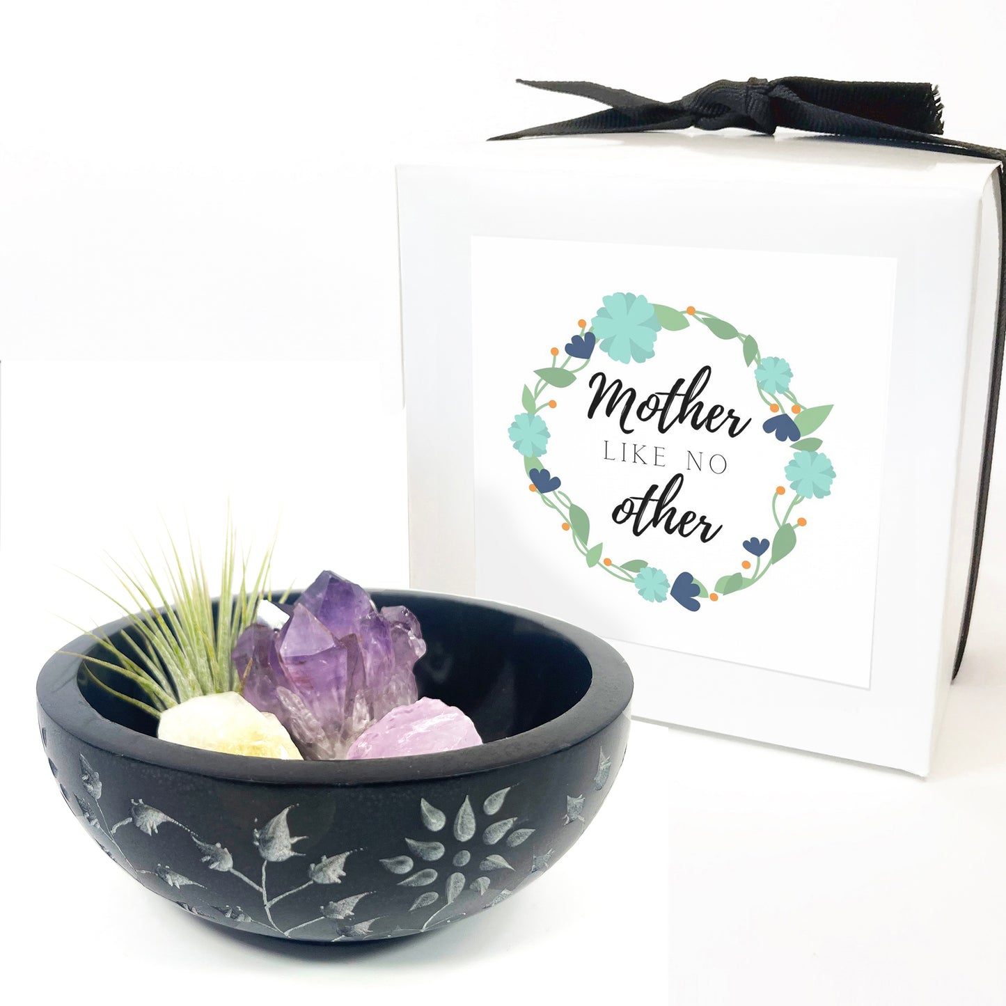 5" Black Floral Carved Marble Smudge Bowl (Includes Air Plant, Amethyst, Citrine, Rose Quartz)