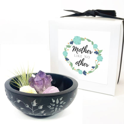 Sympathy Gift - 5" Black Floral Carved Marble Smudge Bowl (Includes Air Plant, Amethyst, Citrine, Rose Quartz)