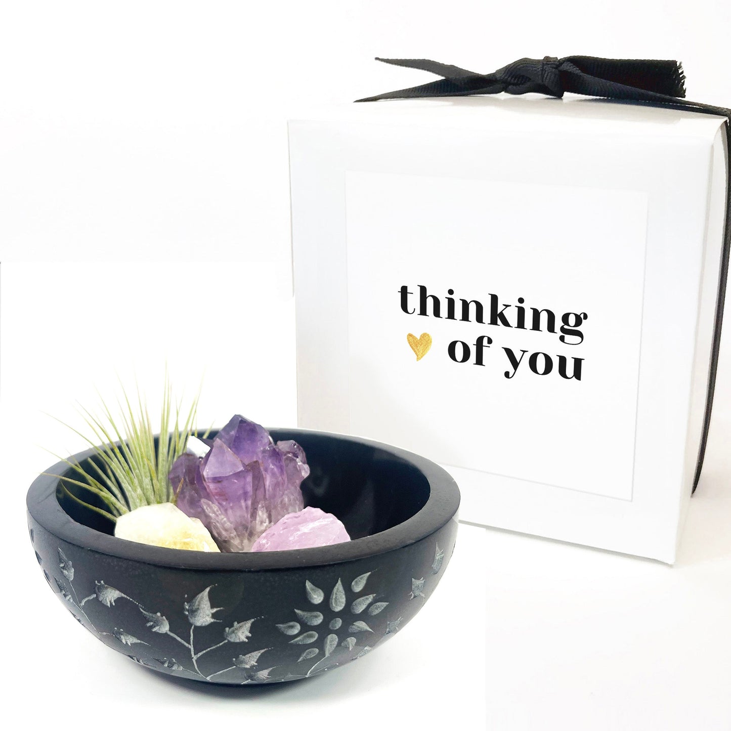 Sympathy Gift - 5" Black Floral Carved Marble Smudge Bowl (Includes Air Plant, Amethyst, Citrine, Rose Quartz)