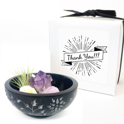 Sympathy Gift - 5" Black Floral Carved Marble Smudge Bowl (Includes Air Plant, Amethyst, Citrine, Rose Quartz)