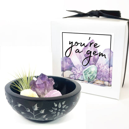 Sympathy Gift - 5" Black Floral Carved Marble Smudge Bowl (Includes Air Plant, Amethyst, Citrine, Rose Quartz)