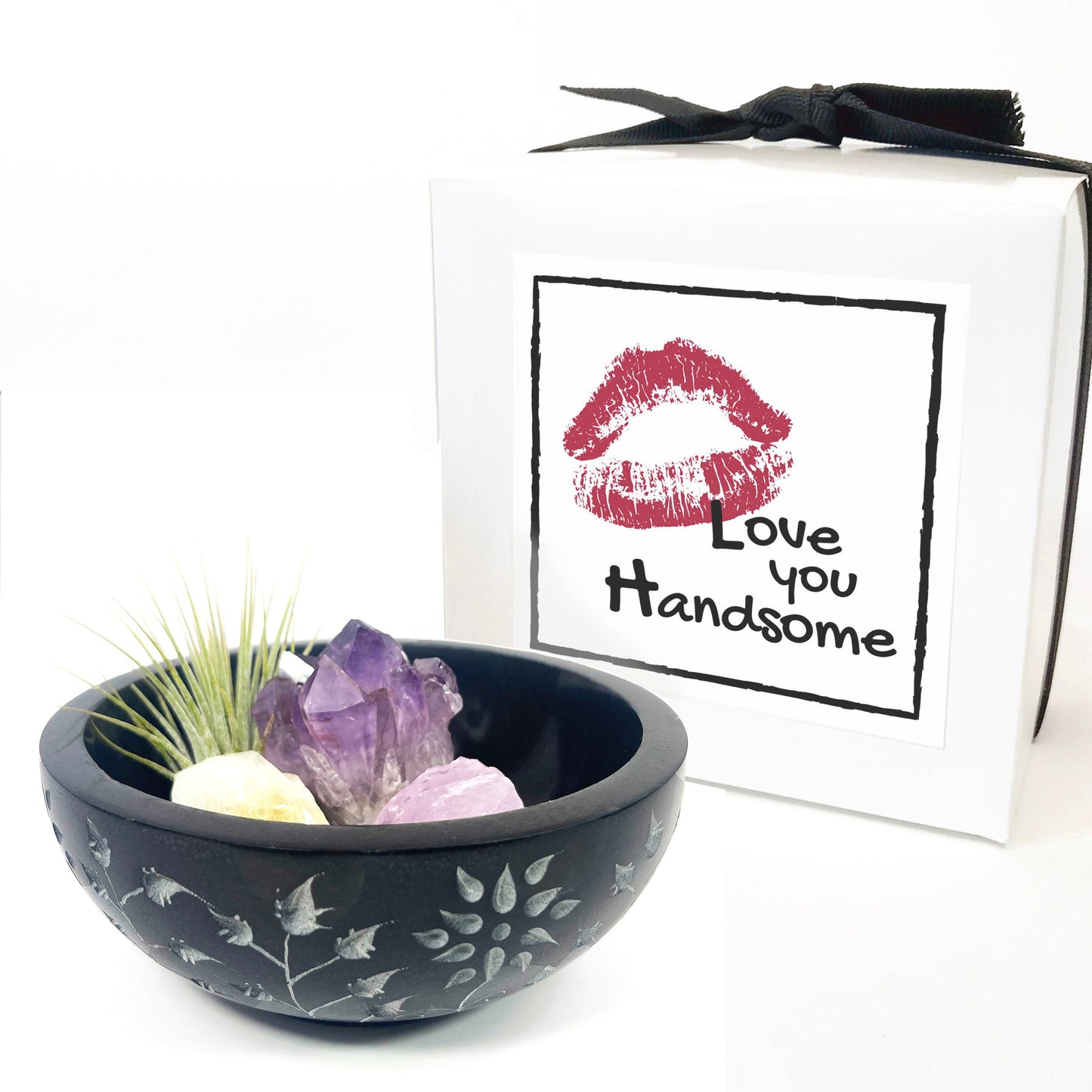 Sympathy Gift - 5" Black Floral Carved Marble Smudge Bowl (Includes Air Plant, Amethyst, Citrine, Rose Quartz)