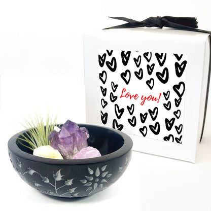 Sympathy Gift - 5" Black Floral Carved Marble Smudge Bowl (Includes Air Plant, Amethyst, Citrine, Rose Quartz)