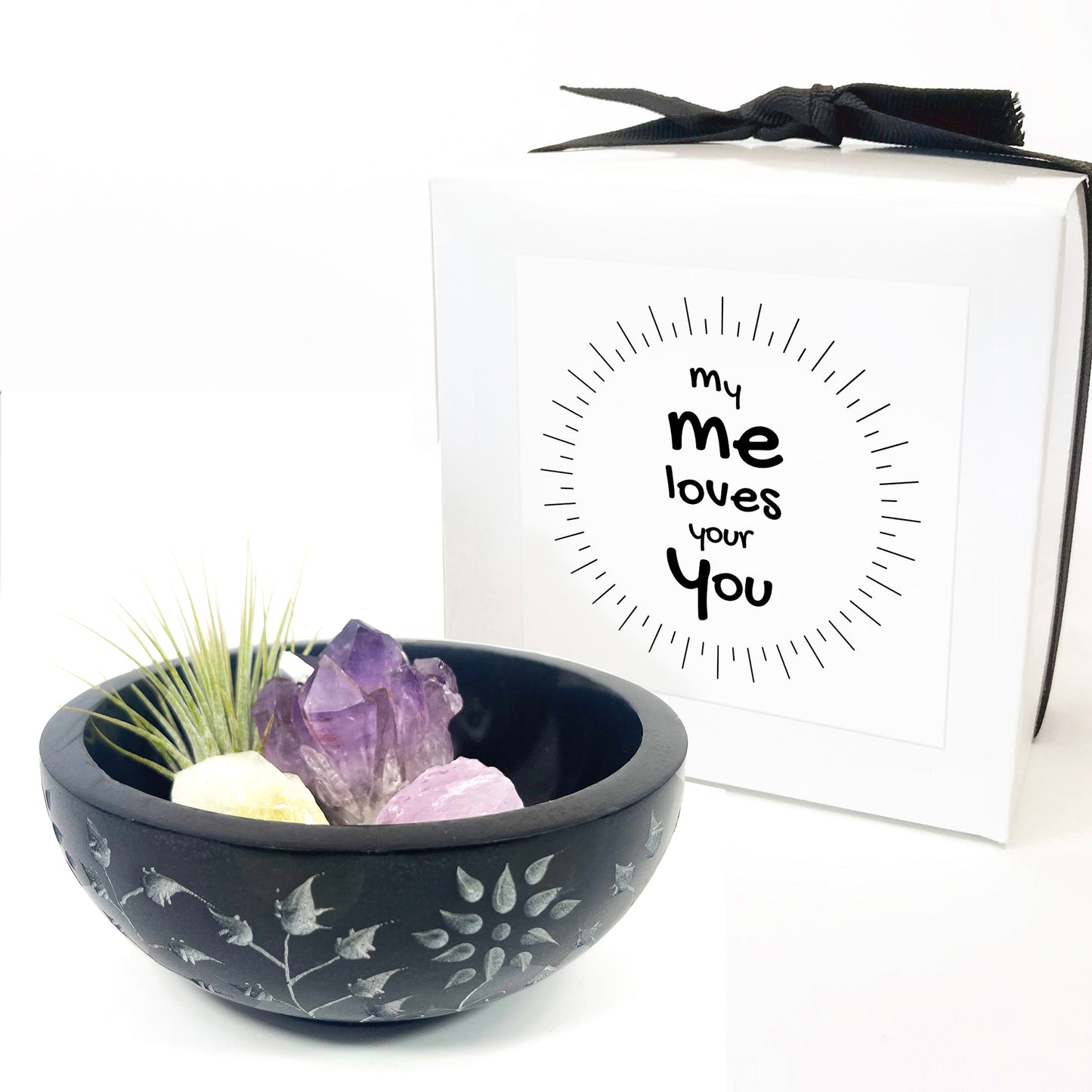 5" Black Floral Carved Marble Smudge Bowl (Includes Air Plant, Amethyst, Citrine, Rose Quartz)