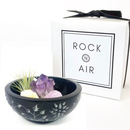 5" Black Floral Carved Marble Smudge Bowl (Includes Air Plant, Amethyst, Citrine, Rose Quartz)