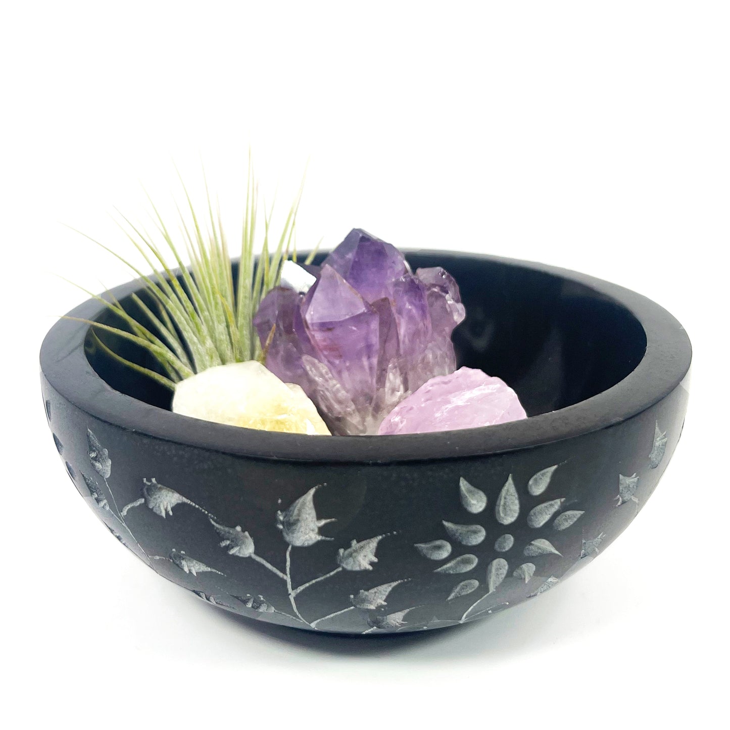 Sympathy Gift - 5" Black Floral Carved Marble Smudge Bowl (Includes Air Plant, Amethyst, Citrine, Rose Quartz)