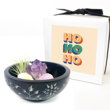 Black Floral Carved Stone Smudge Bowl (Includes Air Plant, Amethyst, Citrine, Rose Quartz)