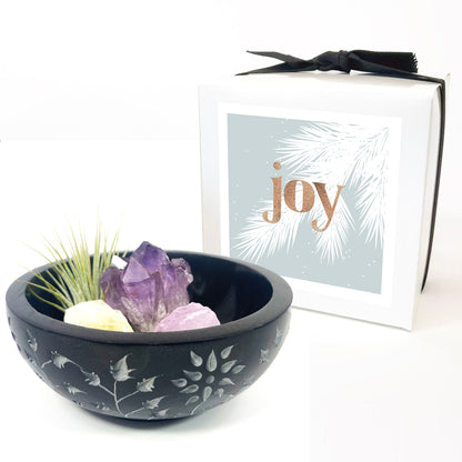 Black Floral Carved Stone Smudge Bowl (Includes Air Plant, Amethyst, Citrine, Rose Quartz)