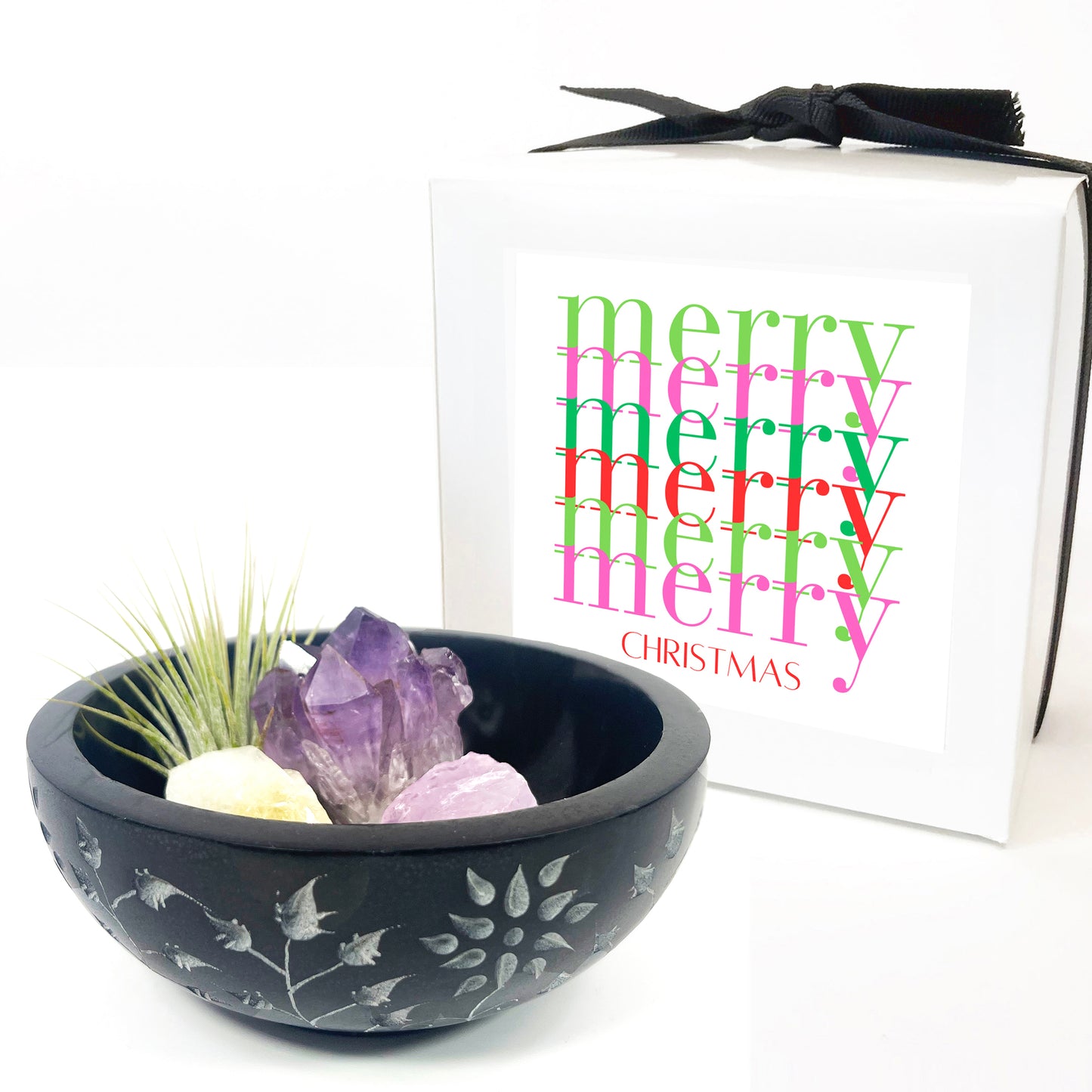 Black Floral Carved Stone Smudge Bowl (Includes Air Plant, Amethyst, Citrine, Rose Quartz)