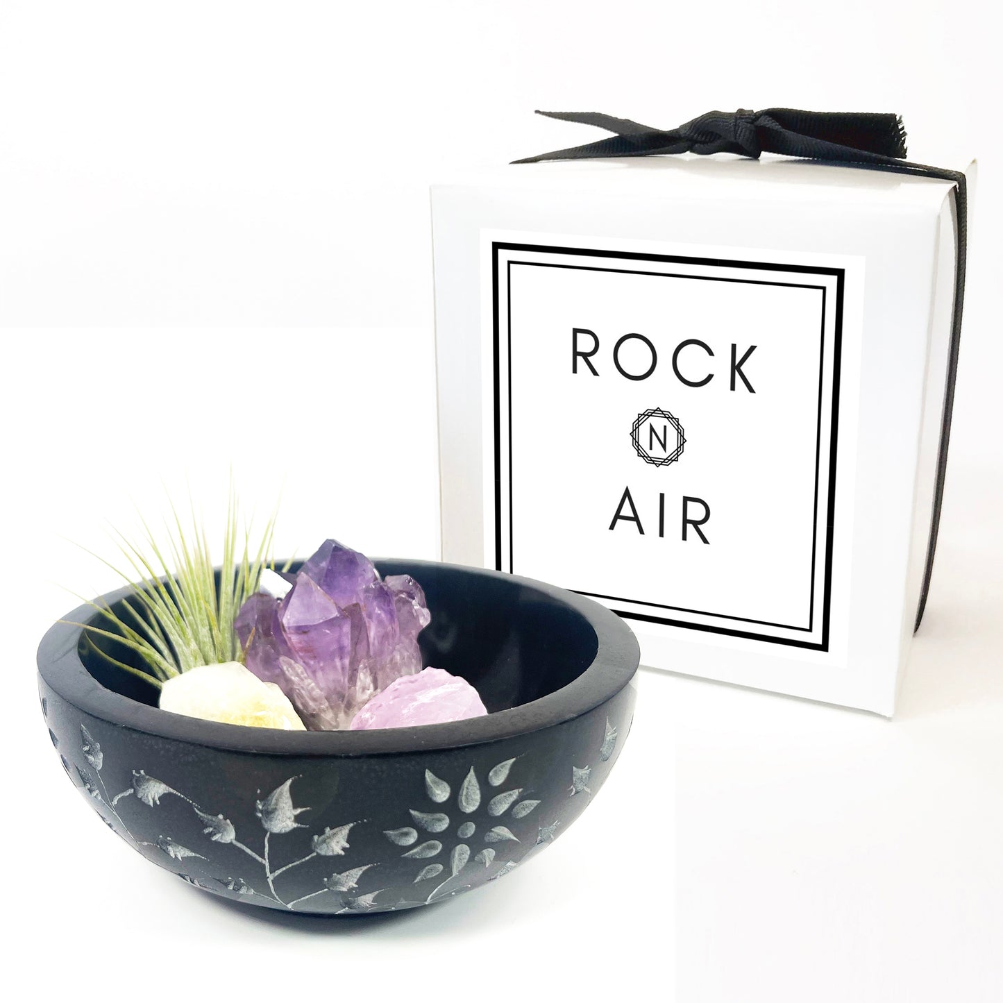 Black Floral Carved Stone Smudge Bowl (Includes Air Plant, Amethyst, Citrine, Rose Quartz)