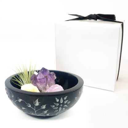 Black Floral Carved Stone Smudge Bowl (Includes Air Plant, Amethyst, Citrine, Rose Quartz)