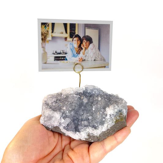 Light Gray Amethyst Crystal Photo Stand - Unique Picture Holder for Home or Office