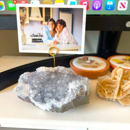 Light Gray Amethyst Crystal Photo Stand - Unique Picture Holder for Home or Office