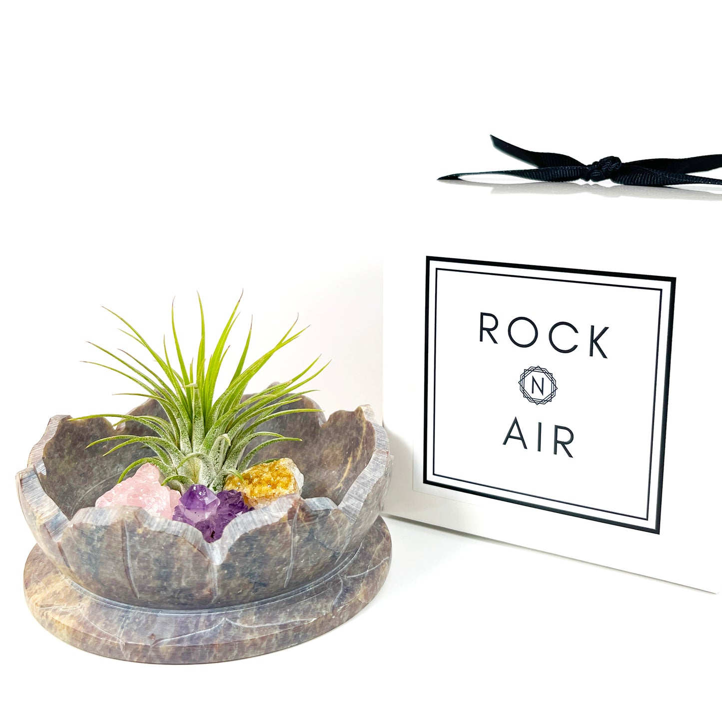 Sympathy Gift - Lotus Carved Marble Decorative Bowl Air Plant Display with Crystals, Includes Air Plant, Amethyst, Citrine, Rose Quartz