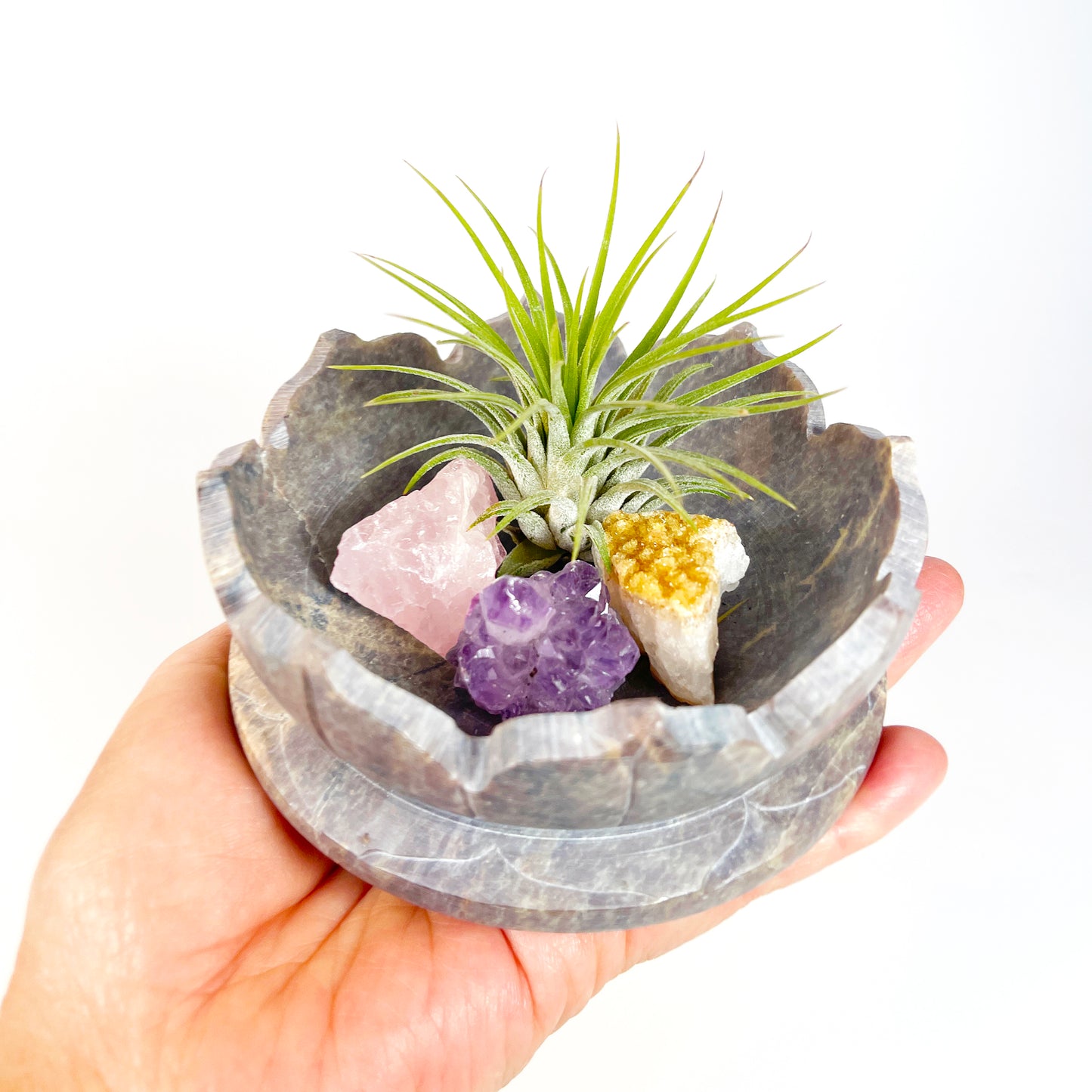 Natural Lotus Stone Bowl Decor with Crystals and Air Plants - Includes Citrine, Amethyst and Rose Quartz - Boho or Spiritual Home Decor Gift