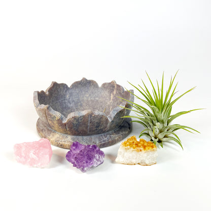Sympathy Gift - Lotus Carved Marble Decorative Bowl Air Plant Display with Crystals, Includes Air Plant, Amethyst, Citrine, Rose Quartz