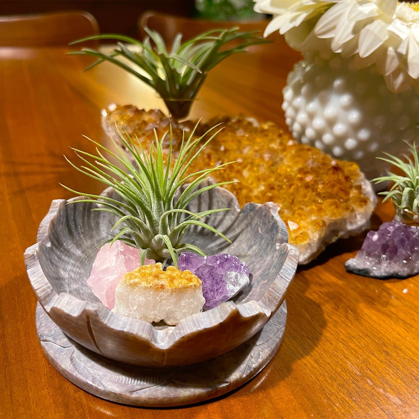 Sympathy Gift - Lotus Carved Marble Decorative Bowl Air Plant Display with Crystals, Includes Air Plant, Amethyst, Citrine, Rose Quartz