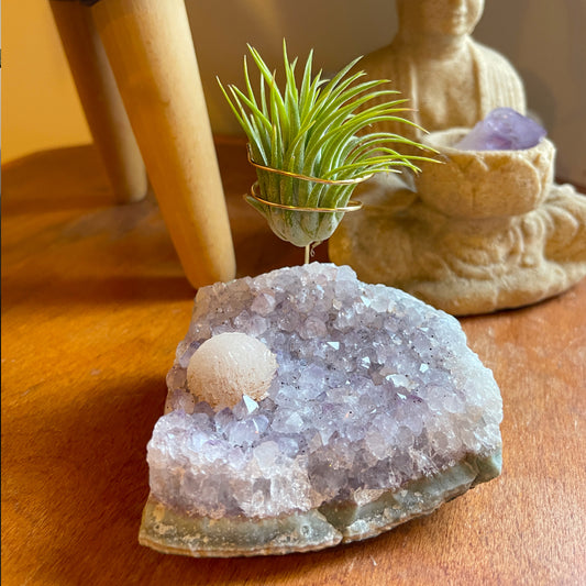 One-of-a-Kind Light Purple/Grey Amethyst Air Plant Holder with a Round Calcite (comes with Air Plant and Gift Box)