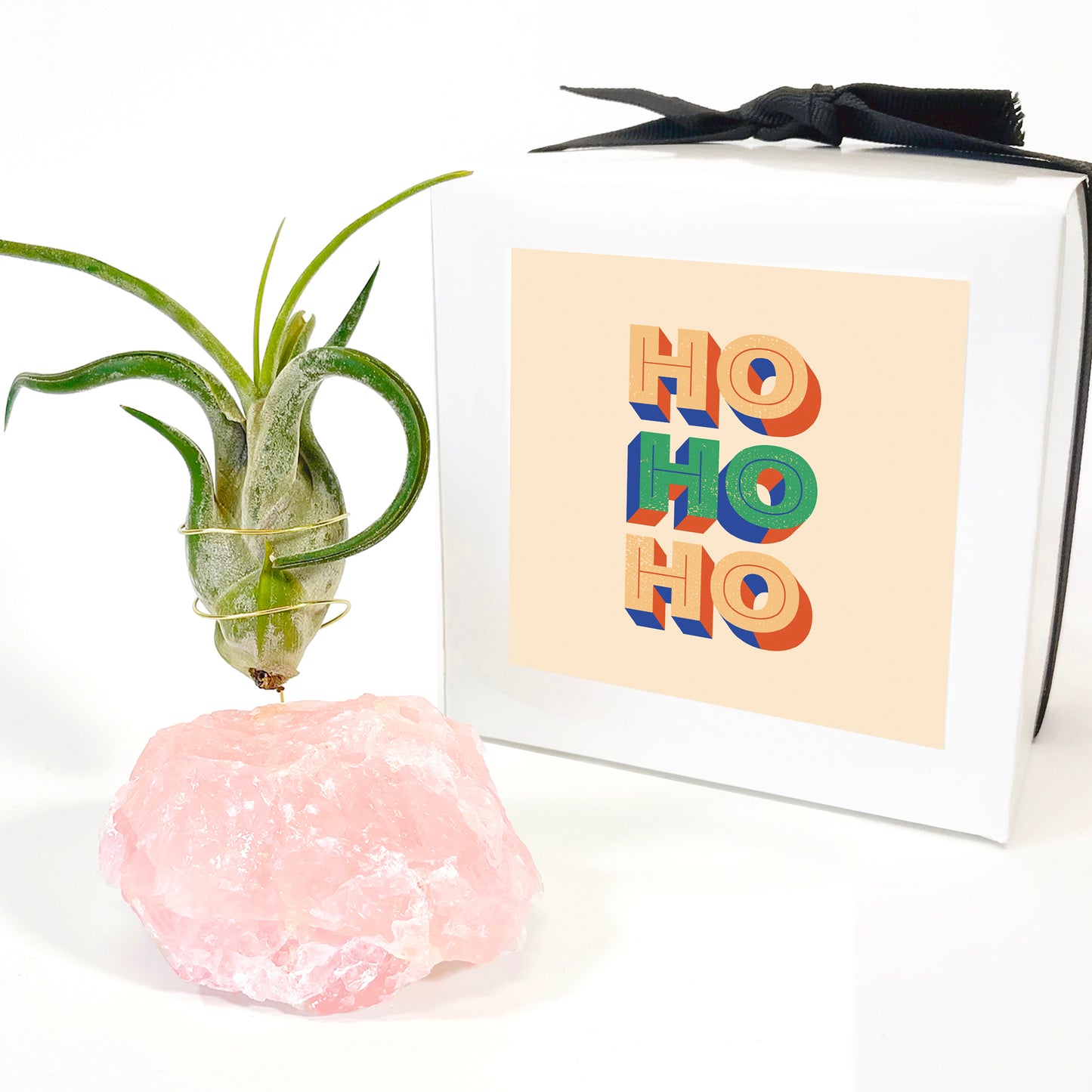 Raw Rose Quartz Air Plant Holder (includes Air Plant and Ho Ho Ho Gift Box)