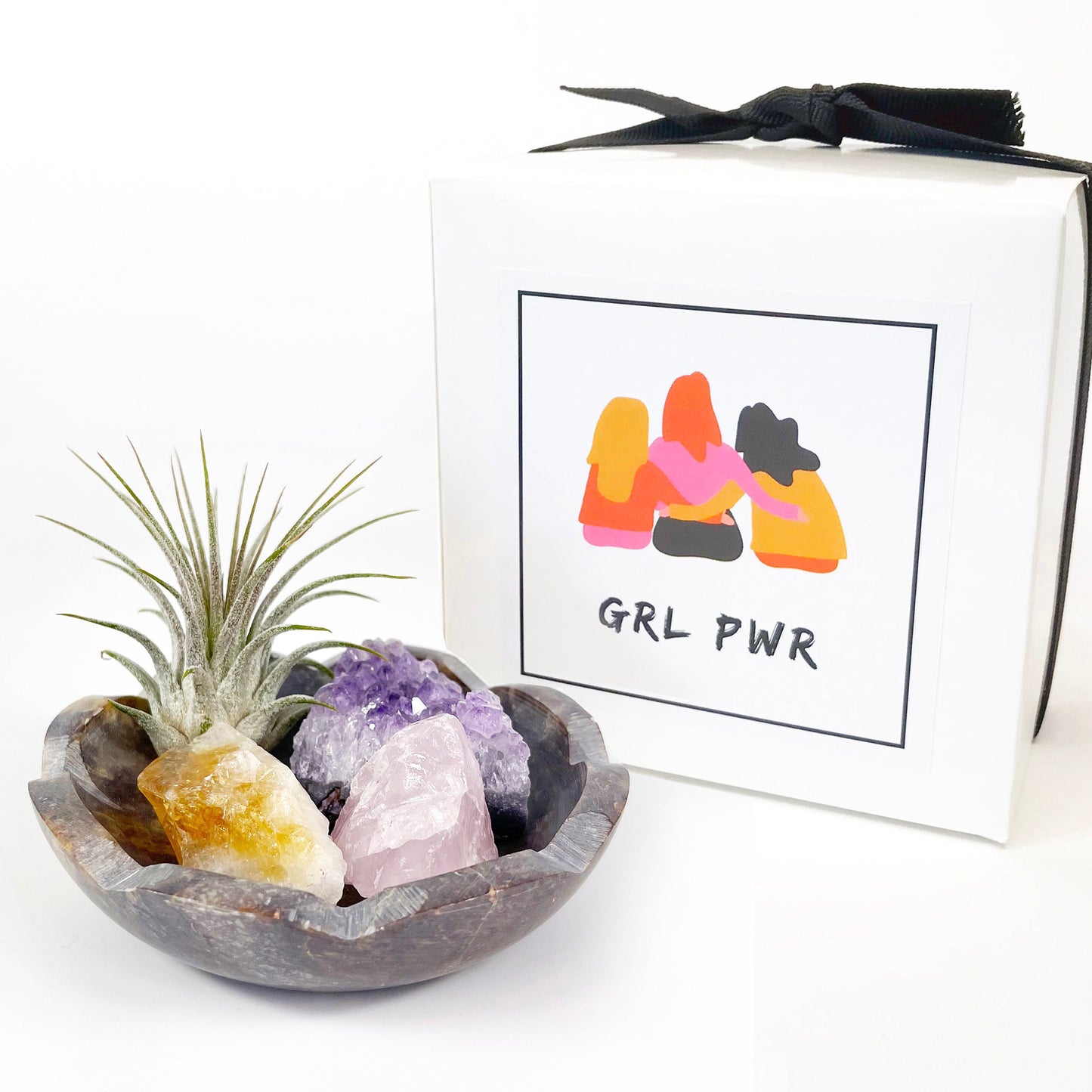 4" Scallop Detail Marble Bowl Air Plant Display with Crystals, Includes Air Plant, Amethyst, Citrine, Rose Quartz