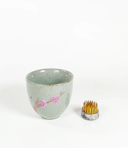 Mini Gray with Floral Motif Porcelain Ikebana Vase with Flower Frog – Japanese Inspired Flower Holder