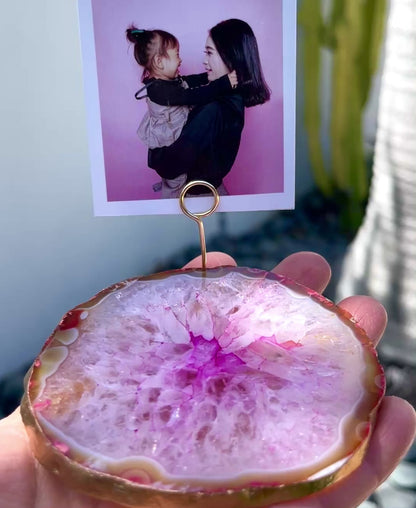 Pink Agate Slice Crystal Photo Stand/Picture Holder for Home or Office