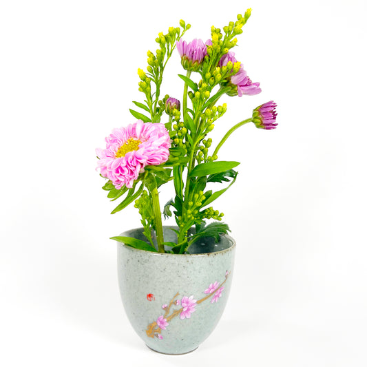 Mini Gray with Floral Motif Porcelain Ikebana Vase with Flower Frog – Japanese Inspired Flower Holder
