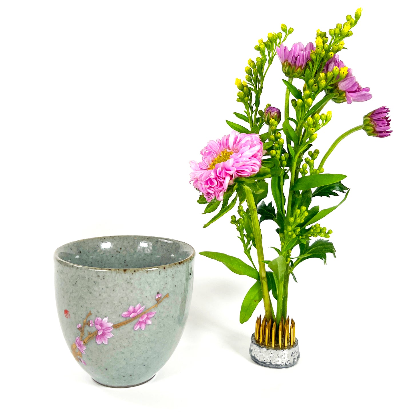 Mini Gray with Floral Motif Porcelain Ikebana Vase with Flower Frog – Japanese Inspired Flower Holder